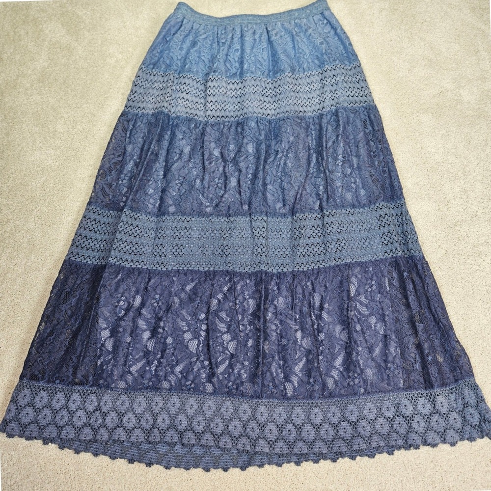 EST 1946 Blue Lace Tiered Maxi‎ Skirt Boho Festival Romantic Cottagecore Size S